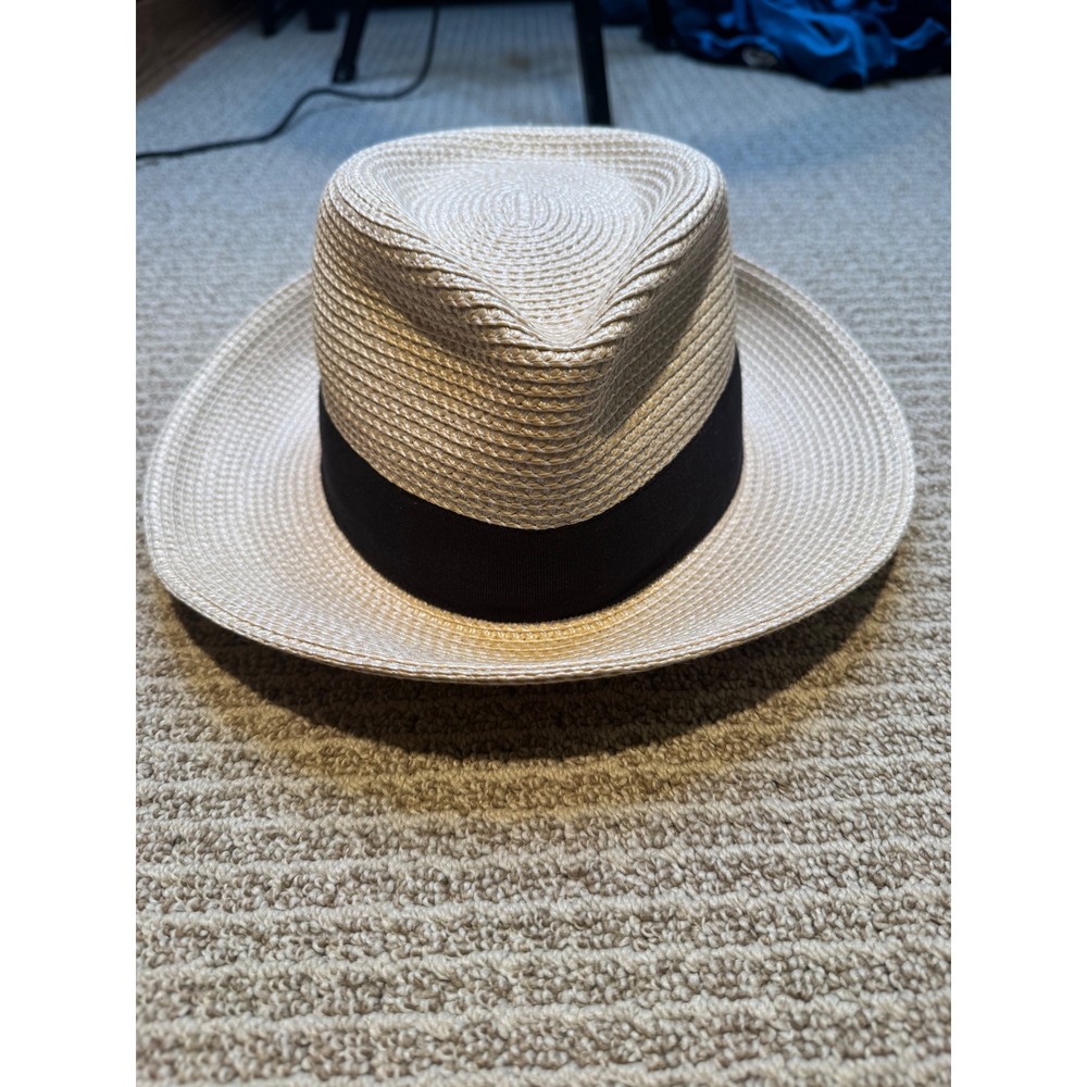 Eric Javits New York Straw Boater Fedora Hat UPF 50+ Wide Brim Black Band Summer